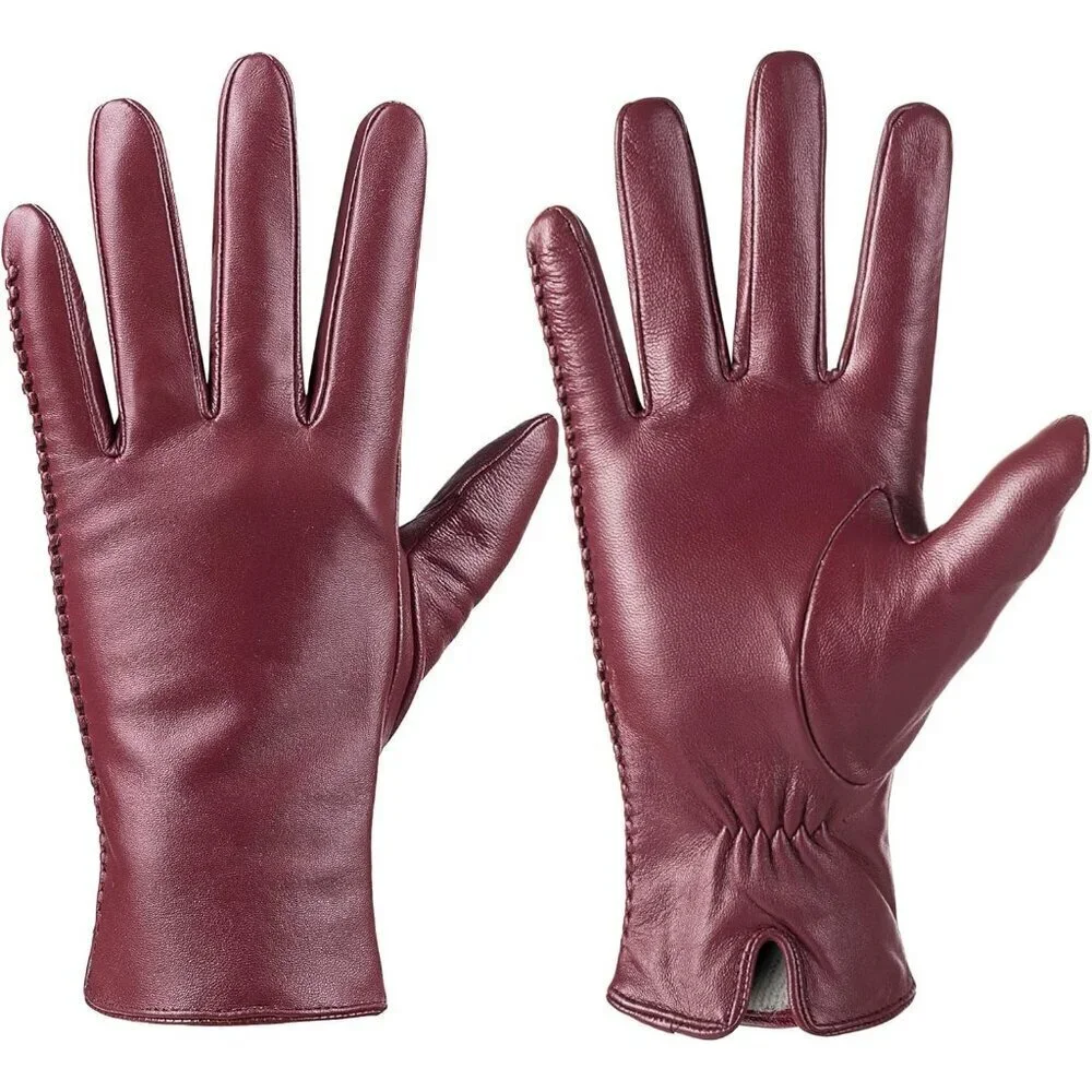 Women's Genuine Sheepskin Leather Gloves Winter Warm  Driving Dress Gloves Red